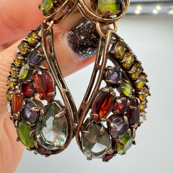 PJM China Colorful Glass Rhinestone Paisley Drop Big Statement Earrings Signed - Picture 10 of 14